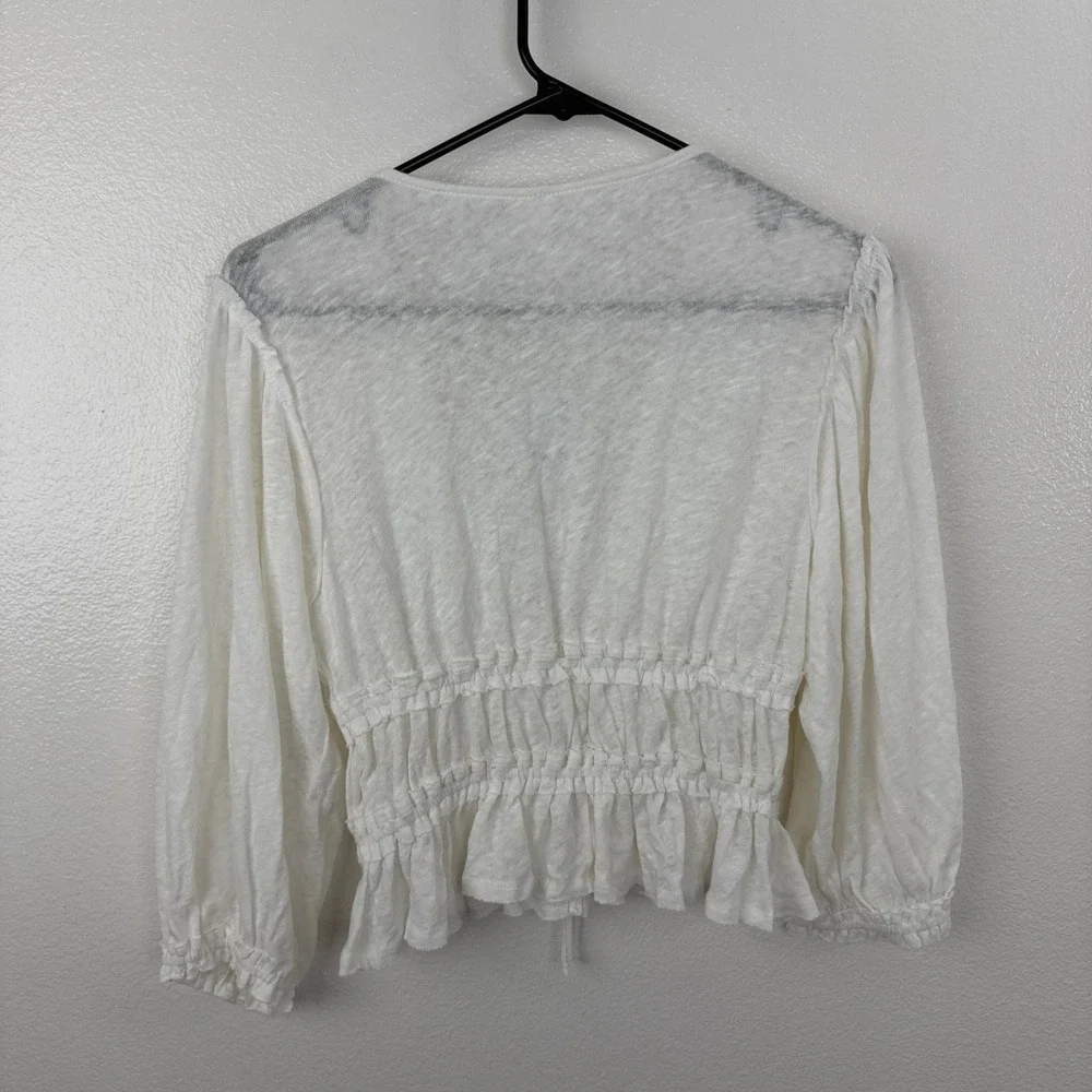 Free People Top Womens XS Ivory Let's Go Blouse Smocked Tie Front Linen  NWT